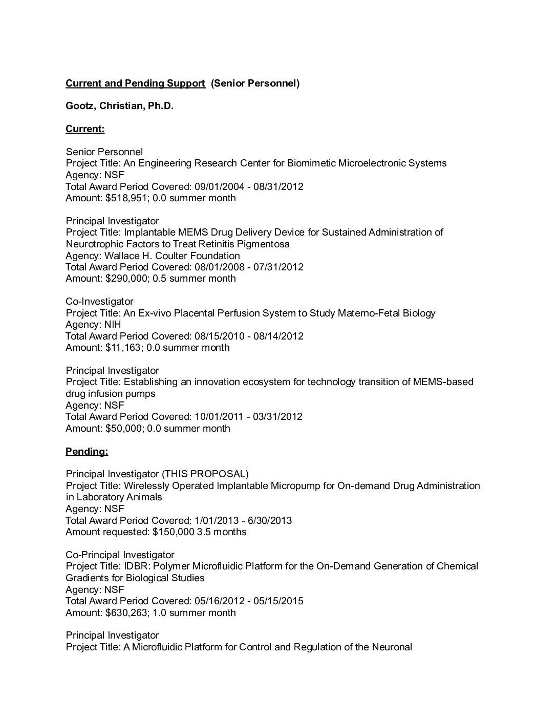  NSF Current And Pending Support Template Medtech Founder