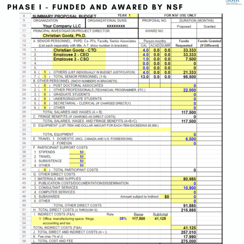 NSF SBIR Phase 1 Budget Template - Medtech Founder